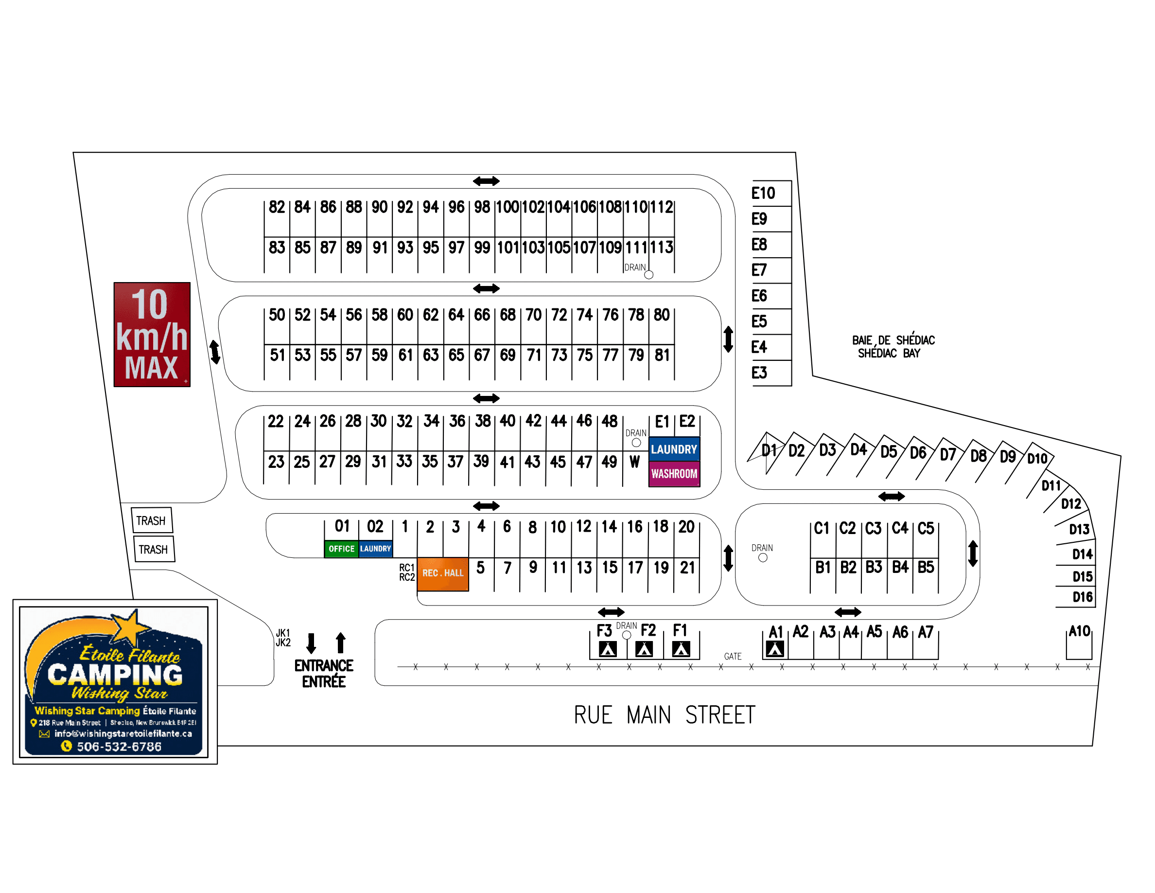 Site plan of Wishing Star / Étoile Filante Camping showing numbered RV sites, the office, washrooms, laundry, accessible facilities, and the entrance off Main Street